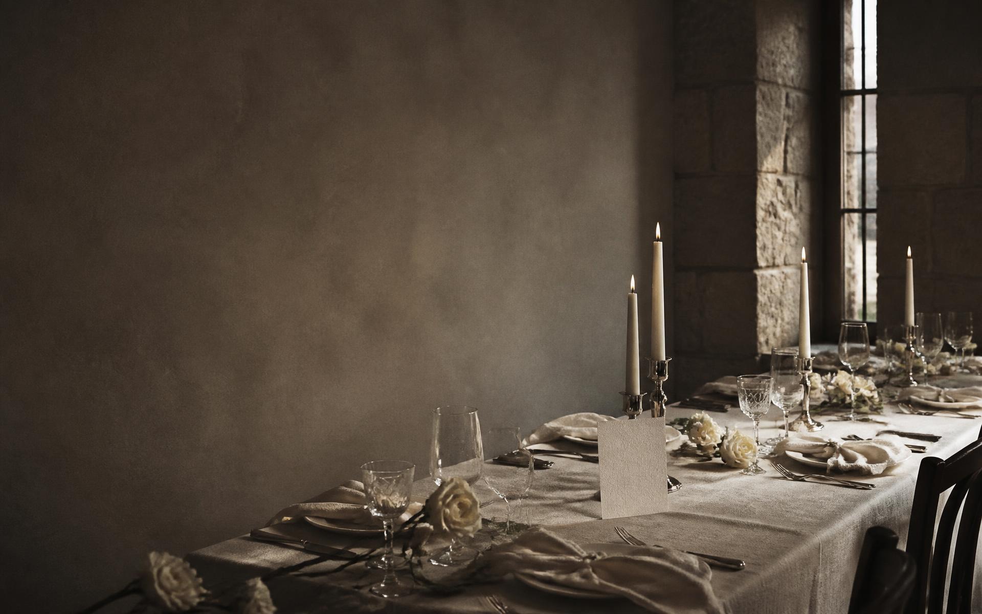 A candlelit dinner table set with linen, glassware and a letterpress place card at dusk
